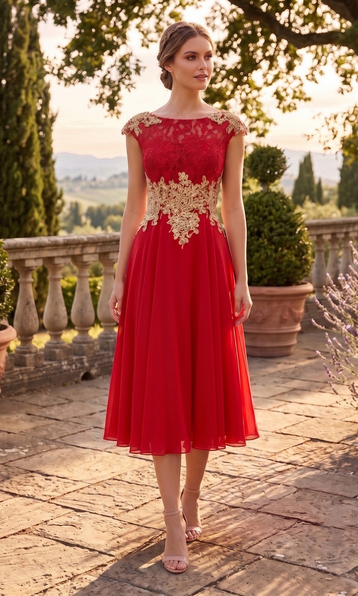 A woman stands outdoors on a stone patio surrounded by trees and greenery, modeling the Chicas C7542 Long Formal Dress in Red/Gold—an ankle-length gown with gold lace details, ideal for modest and elegant mother of the bride occasions.